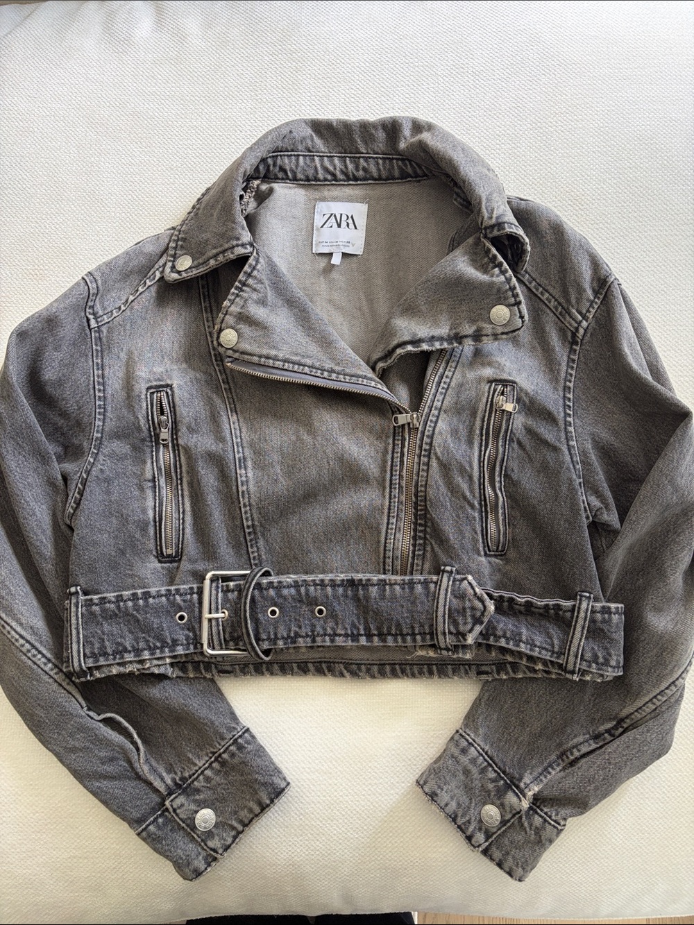 Zara Cropped Washed Gray Denim Cropped Moto Jacket with Belt